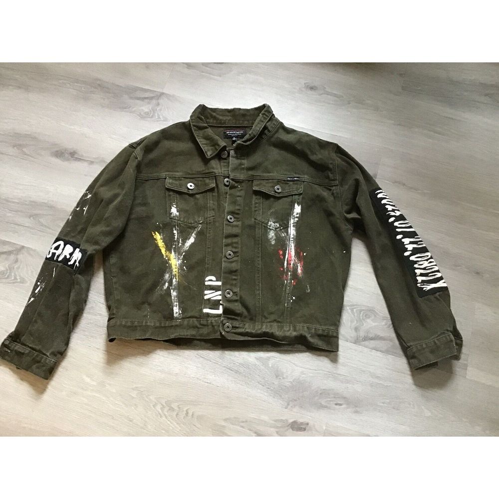 Liquor N Poker Brown Denim Jacket Distressed Size M Military patches Paint